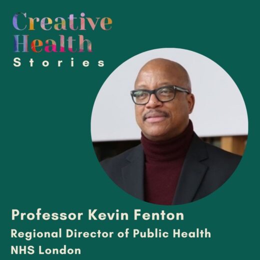 Creative Health Stories Logo on green background with image of Kevin Fenton