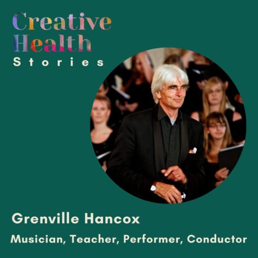 Green square which includes image of Grenville Hancox in a circle, and coloured creative health stories logo