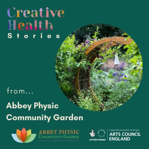 circular image of a garden on green background with Creative Health Stories logo and text which sys Abbey Physic Community Garden.