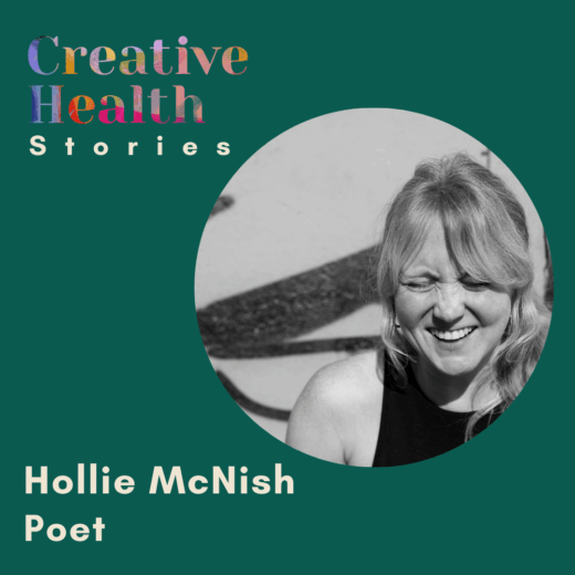 Black and white image of poet Hollie McNish on a green background with Creative Health Stories Logo